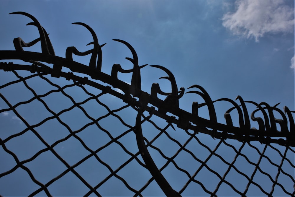 a close up of a fence with a sky in the background
