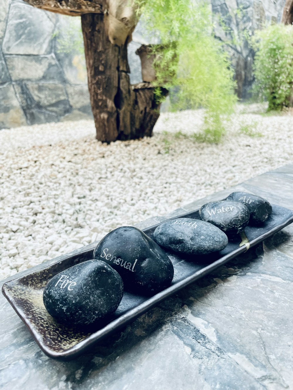 a metal tray filled with black rocks on top of a rock covered ground