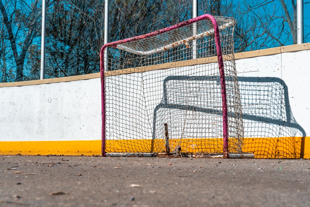 a hockey goal with a net on the side of a building
