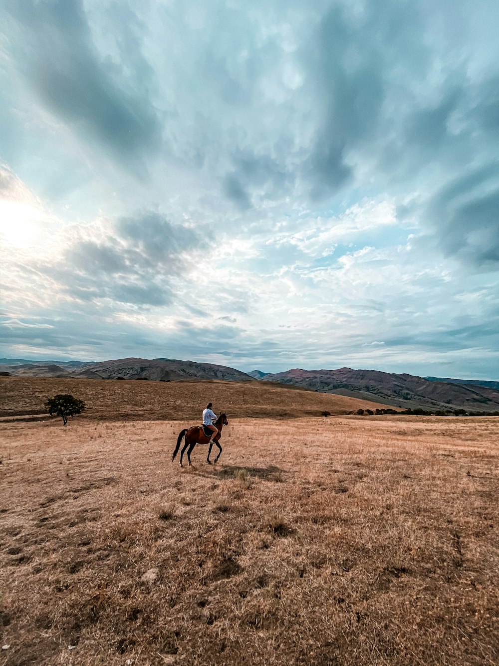 a man riding a horse across a dry grass field