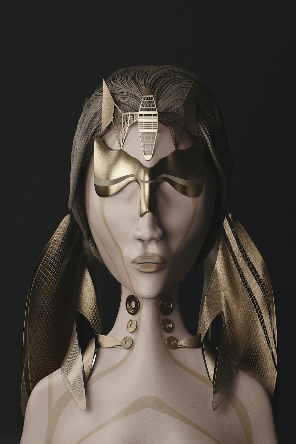 a mannequin with a gold mask and gold hair