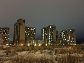 A group of tall, modern apartment buildings illuminated with artificial lights against a cloudy night sky. Sparse grasses and patches of snow cover the ground in the foreground, creating a contrast between urban and natural elements.