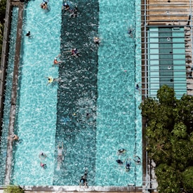 A top-down view of a swimming pool with clear blue water divided into lanes. Several people are swimming and playing in the pool. On the right side, there's decking and seating area next to the pool with lush green foliage visible.