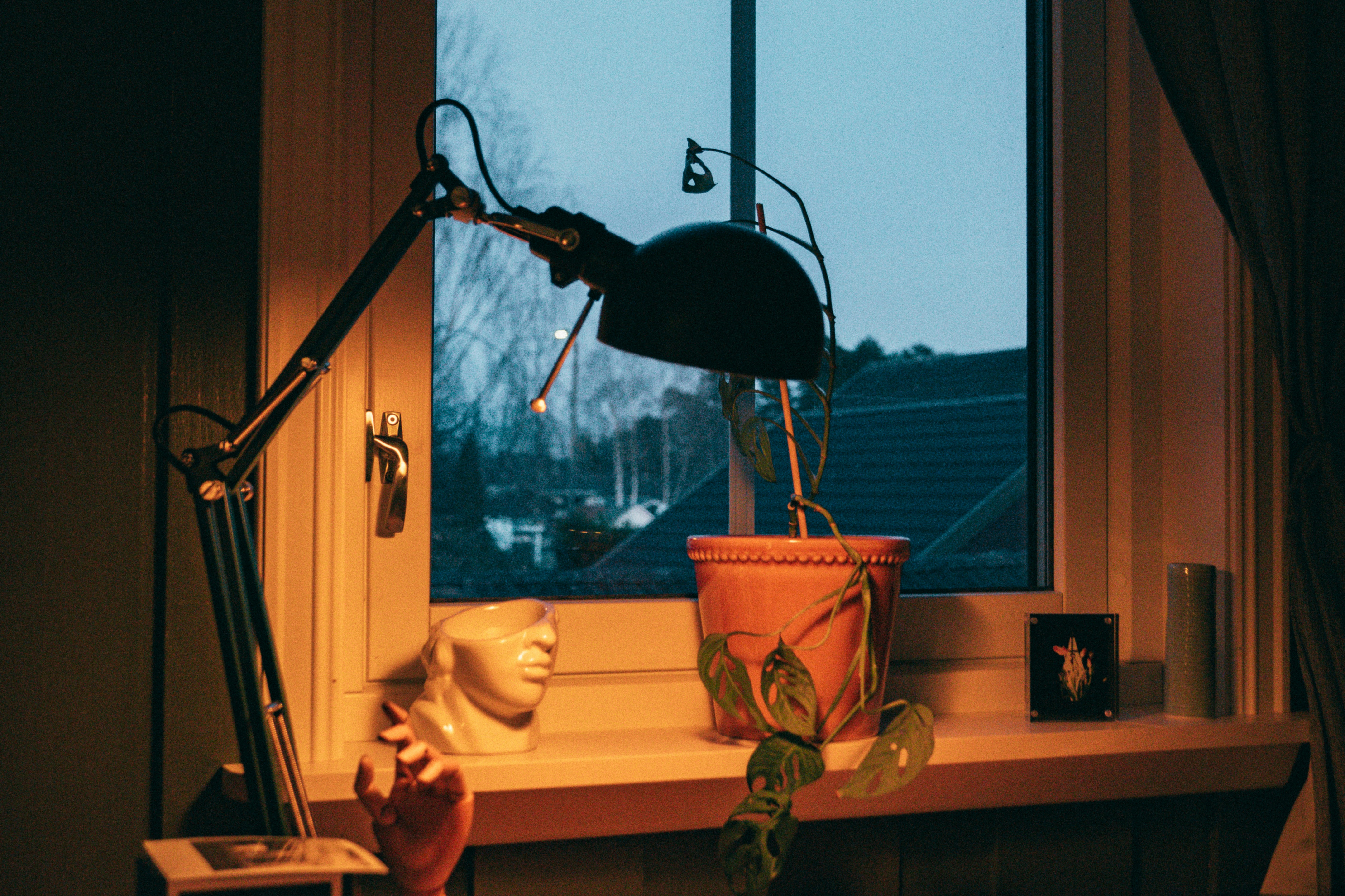 a window sill with a potted plant next to it