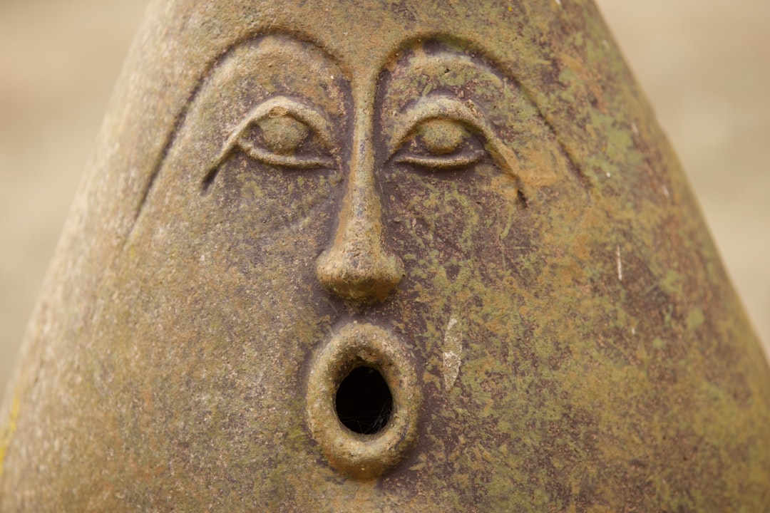 a close up of a face on a vase