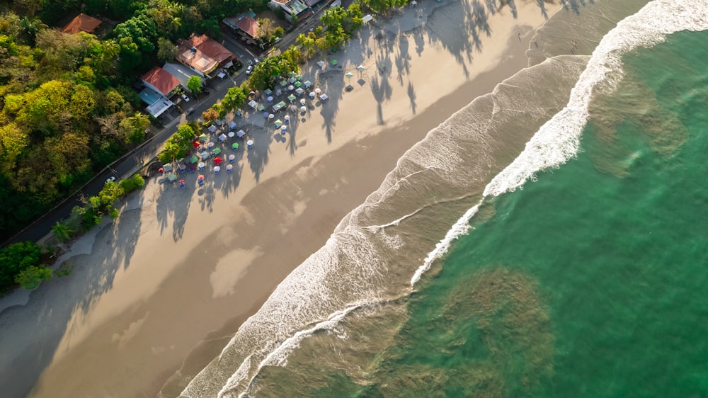 an aerial view of a beach and ocean