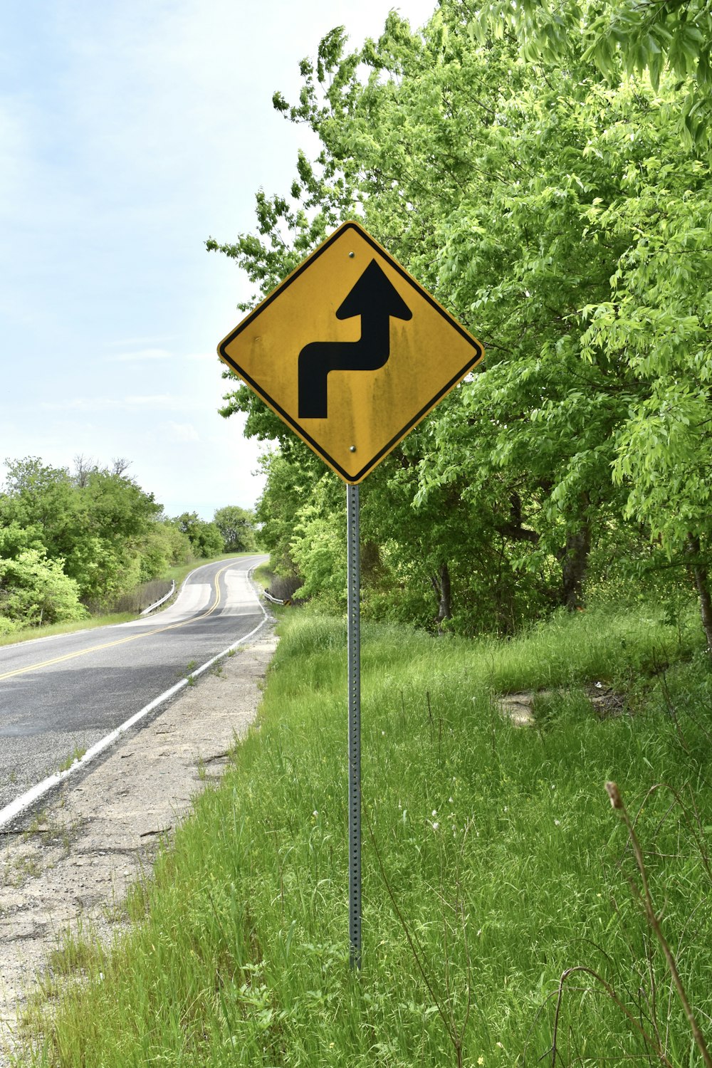 a yellow and black sign sitting on the side of a road