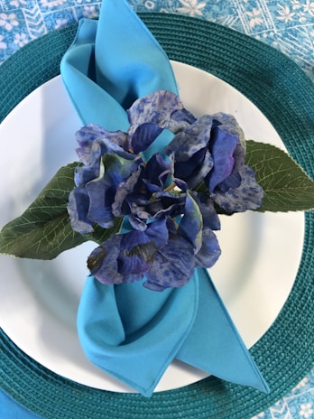 Colorful napkins folded creatively beside a set of disposable plates.