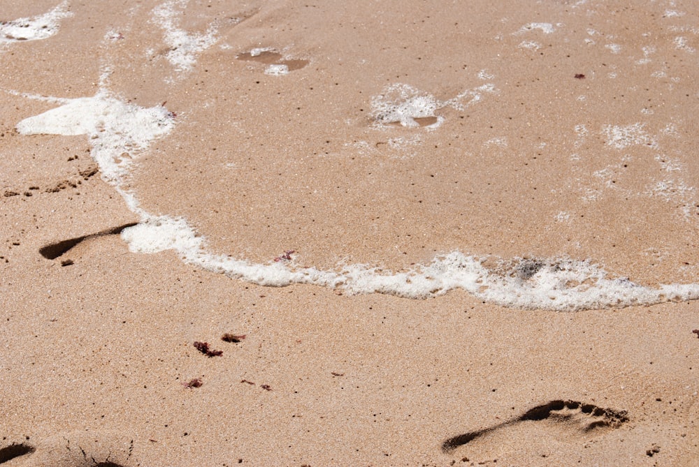 footprints in the sand of a beach with a wave coming in