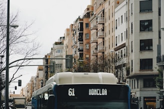 A city street features a bus with route number 61 heading toward Moncloa. Tall residential buildings with various architectural styles line both sides of the street. The trees are bare, suggesting a winter or late autumn setting. Traffic lights and street lamps are visible, and the atmosphere feels overcast and slightly moody.