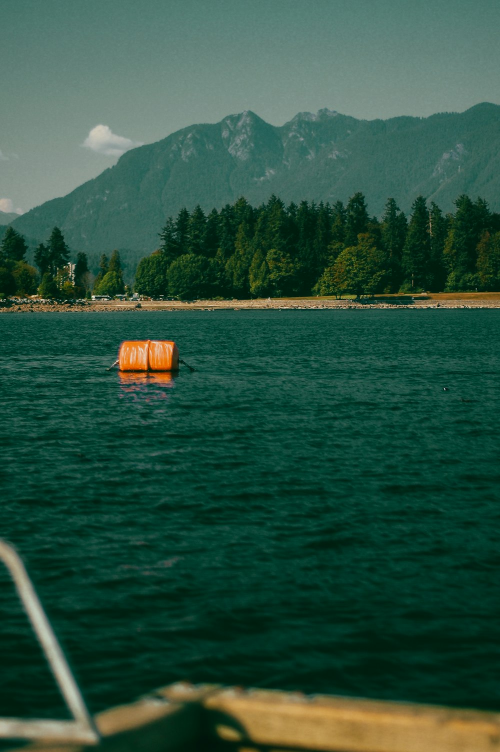 an orange buoy floating in the middle of a lake