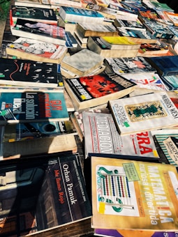 A collection of various books and magazines spread out on a table, with different sizes, colors, and cover designs. The selection includes novels, educational books, and periodicals, some with Spanish titles. The arrangement seems casual, possibly indicating a market or a book fair setting.