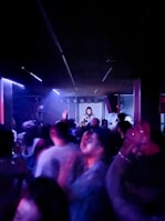A lively nightclub scene with a crowd of people dancing and enjoying themselves under dim lighting. A DJ is positioned on a raised platform in the background, surrounded by equipment and bright spotlights casting vibrant colors.