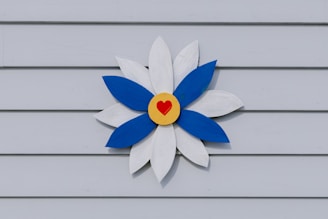 a white and blue flower with a red heart on it
