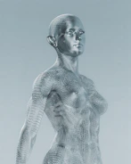 A futuristic representation of a humanoid figure made from a wireframe mesh pattern. The figure has a smooth and symmetrical structure with a metallic or robotic appearance, set against a plain background.
