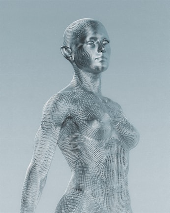 A futuristic digital human avatar rendered with lifelike detail, set against a minimalist black backdrop.