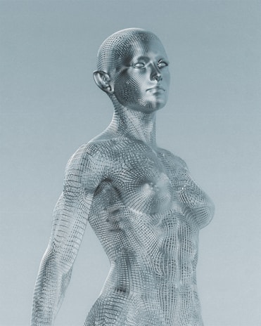 A futuristic representation of a humanoid figure made from a wireframe mesh pattern. The figure has a smooth and symmetrical structure with a metallic or robotic appearance, set against a plain background.