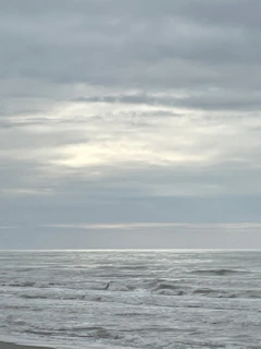A contemplative artwork showing gentle waves on a calm sea under a pale sky.
