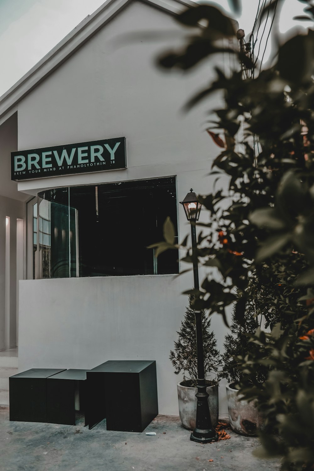 a white building with a sign that says brewery