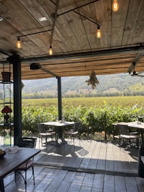 Cozy rustic dining area with wooden tables set for a meal, surrounded by vineyard views.
