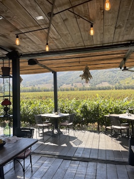 A cozy outdoor dining area with wooden flooring and an overhead wooden roof adorned with hanging lights, overlooking a lush vineyard. The dining tables are set for guests, surrounded by greenery and a scenic view of distant hills under a clear sky.