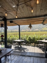 A cozy outdoor dining area with wooden flooring and an overhead wooden roof adorned with hanging lights, overlooking a lush vineyard. The dining tables are set for guests, surrounded by greenery and a scenic view of distant hills under a clear sky.