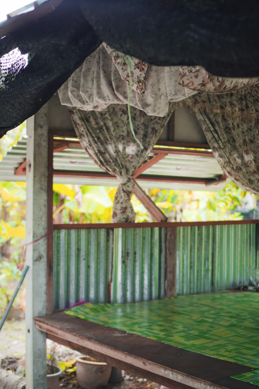 Tingkap kayu rumah kampung dengan dedaun hijau di sekelilingnya