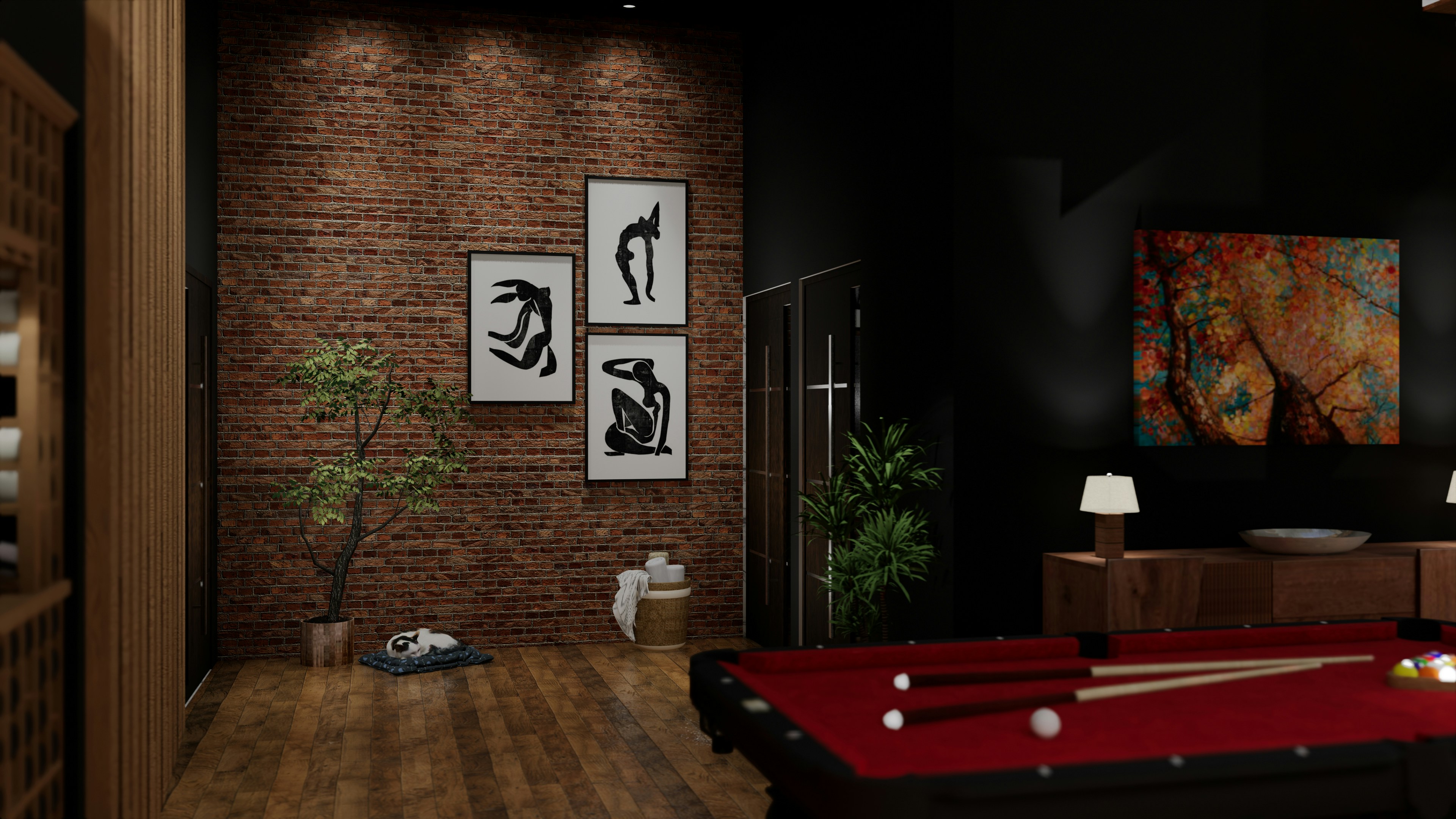 a game room with a pool table and foo foo