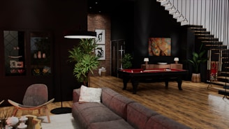 a living room with a pool table in it