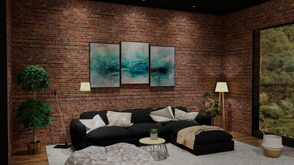 a living room filled with furniture and a brick wall