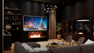 a living room filled with furniture and a fire place