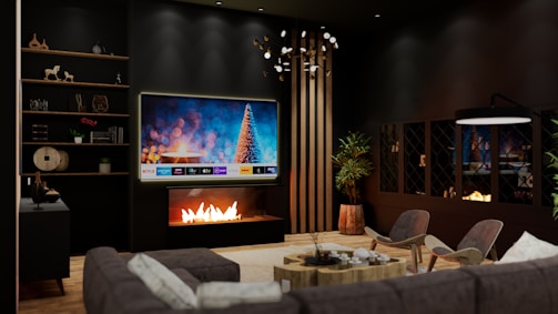 a living room filled with furniture and a fire place