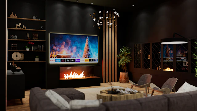 Family living room with fireplace in a suburban house
