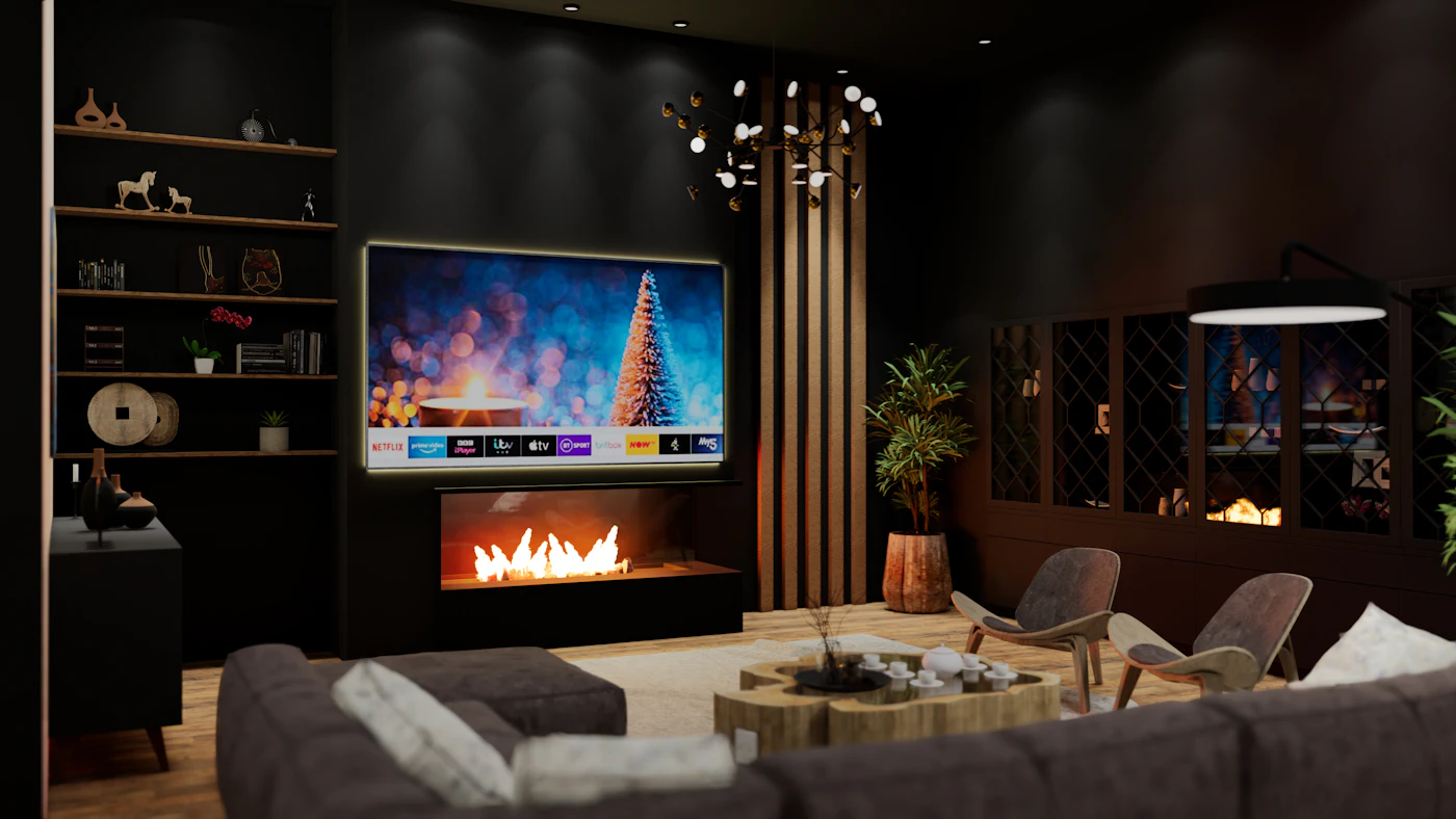 A living room with furniture and a fireplace