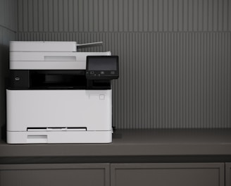 a white and black printer sitting on top of a counter