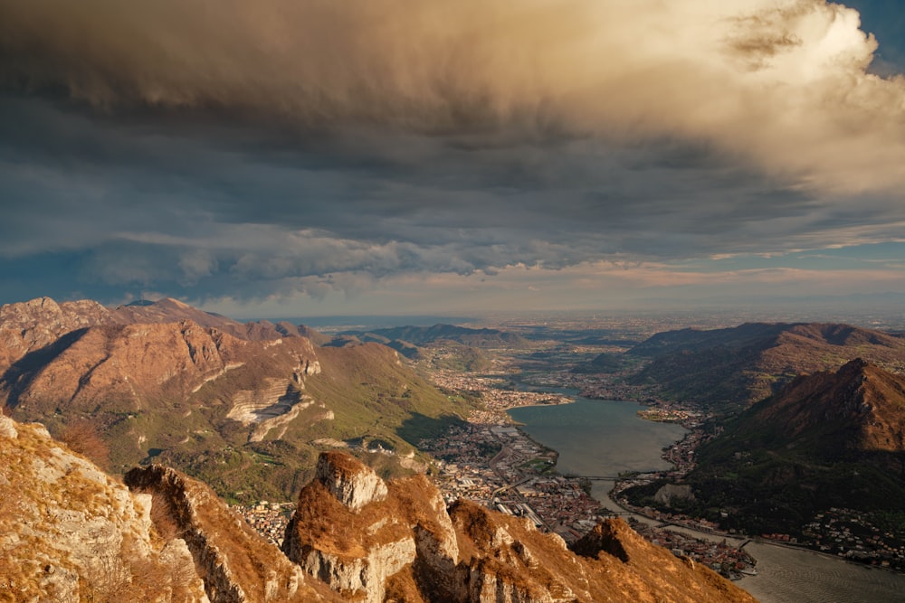 a view of a city and mountains from a high point of view