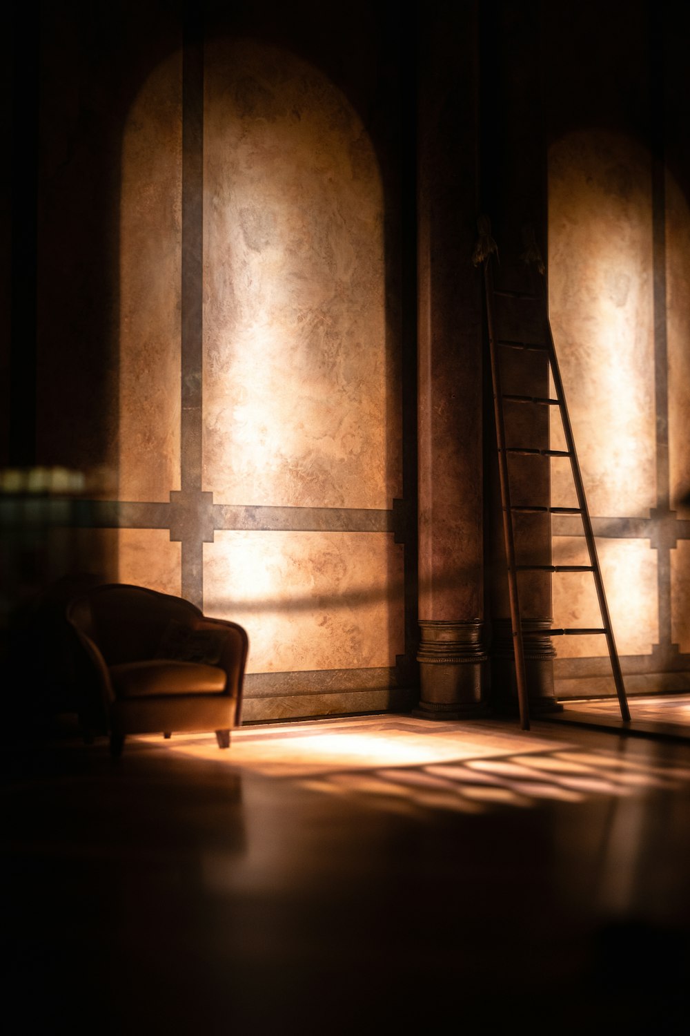 a chair and a ladder in a dimly lit room