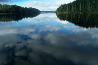 A serene landscape with a calm lake reflecting the sky, symbolizing peace and balance.