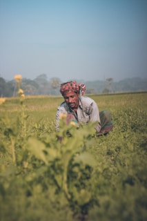 a man kneeling in the middle of a field