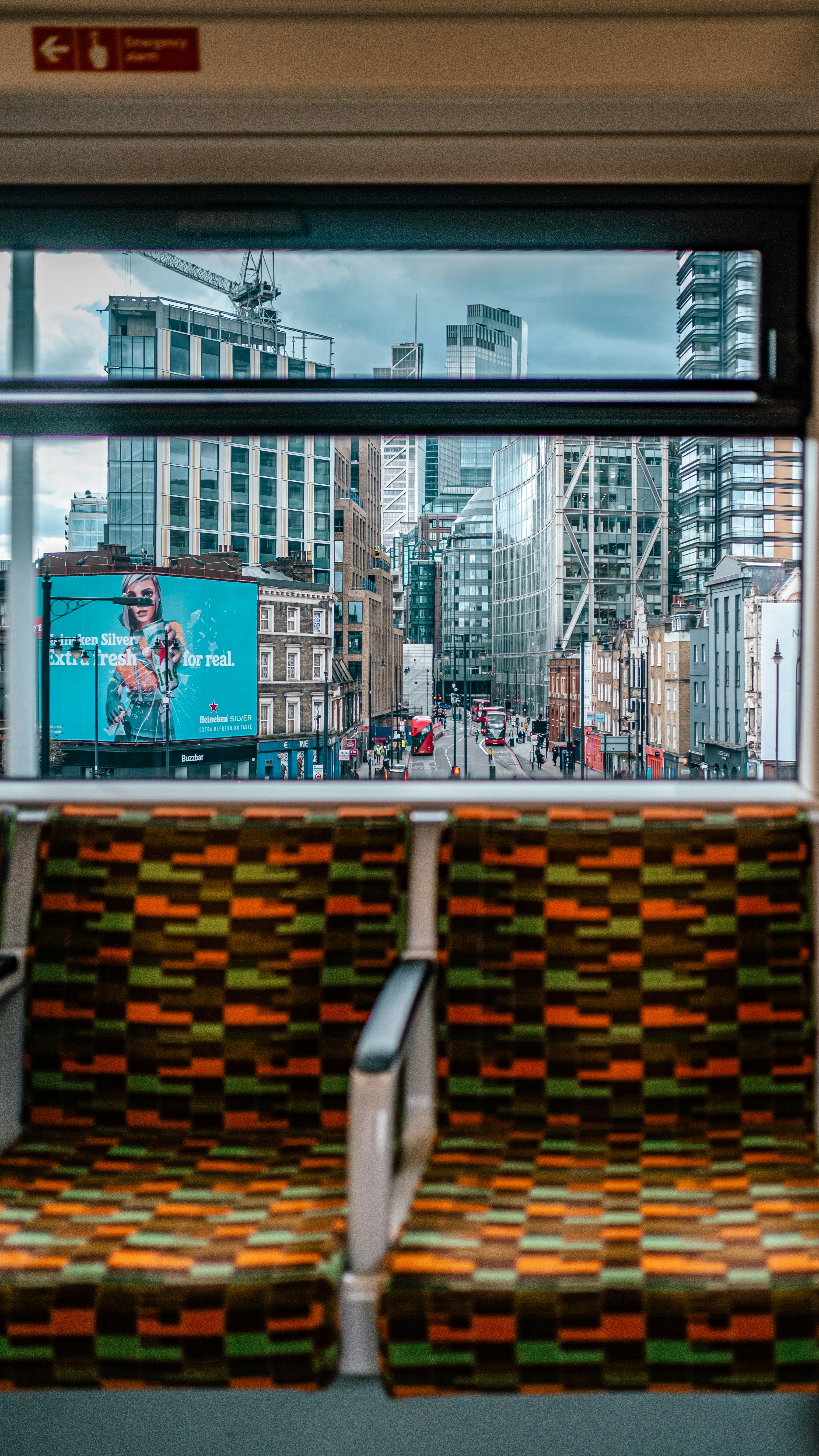 a view of a city from a train window