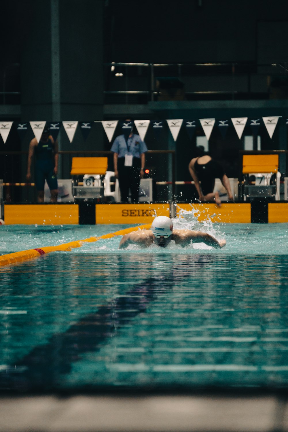 a group of people swimming in a pool of water