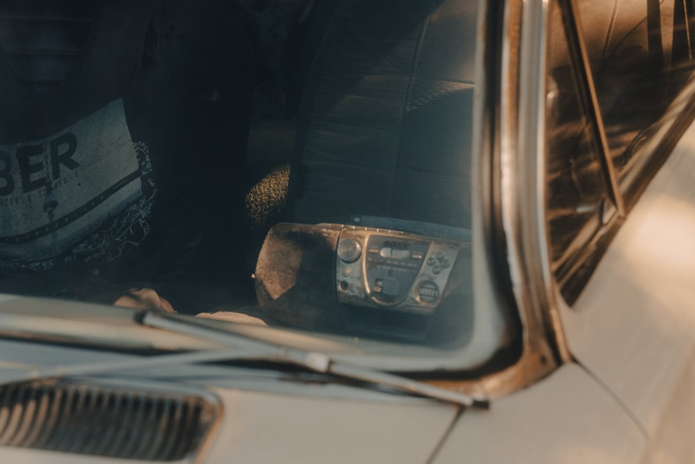 a close up of a car's side mirror