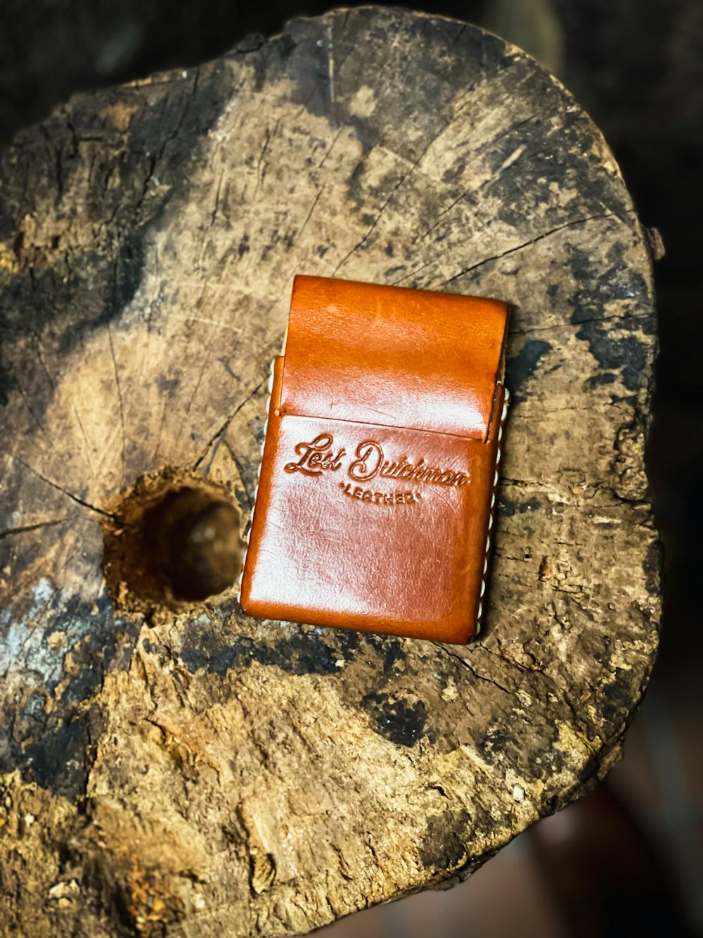a wallet sitting on top of a tree stump