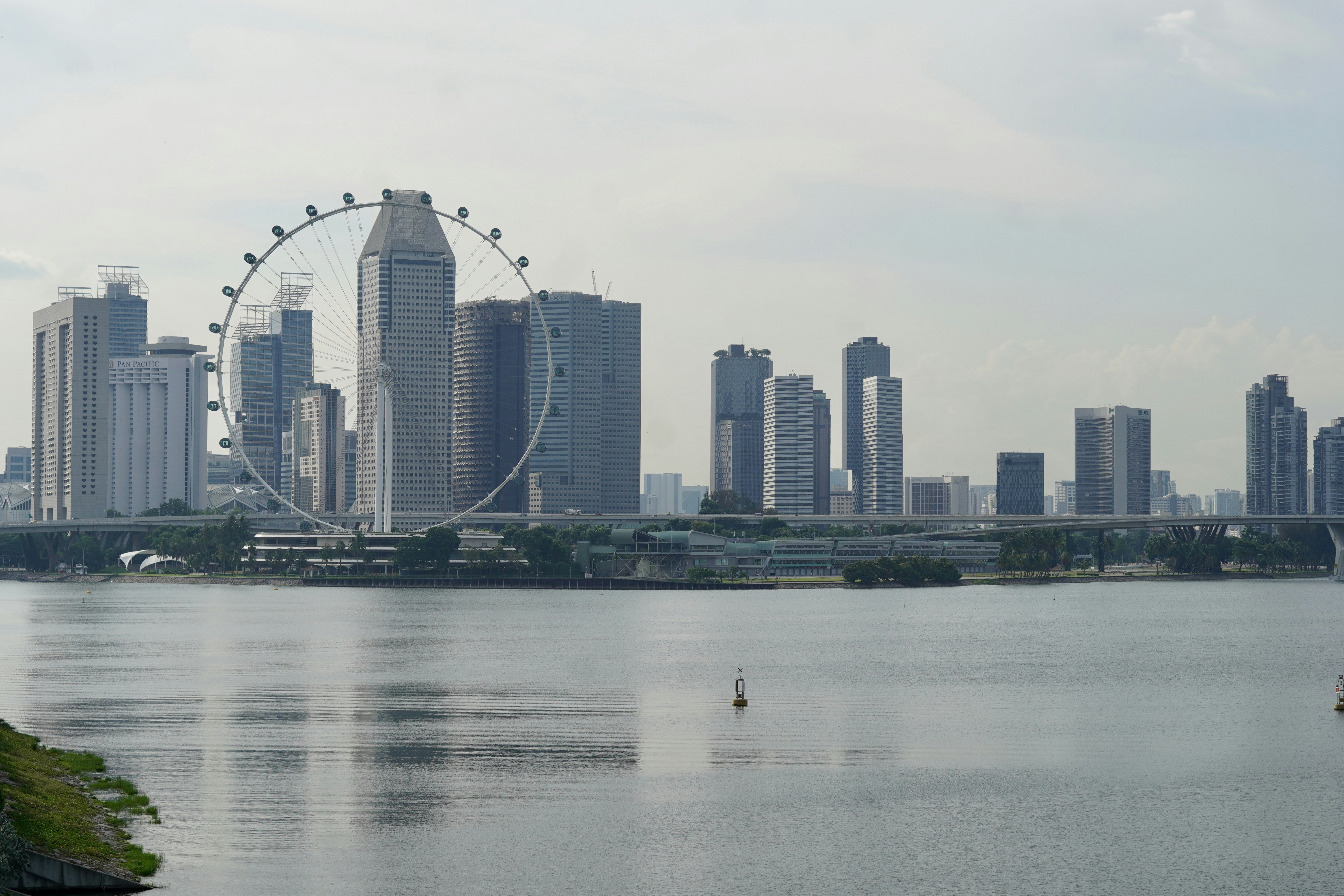 a large body of water with a ferris wheel in the background