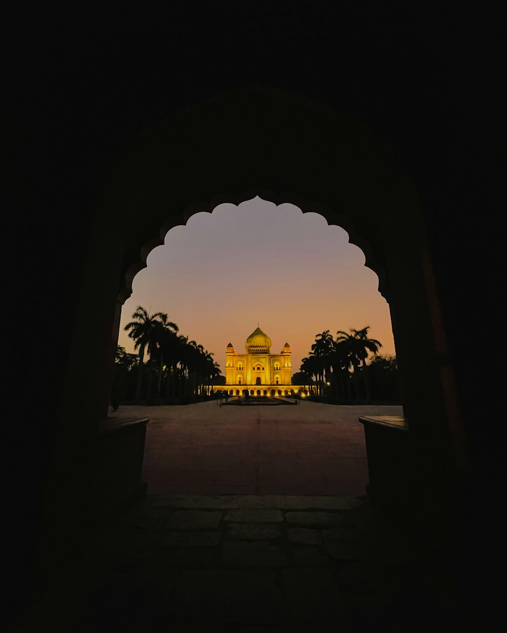 a view of a building through an archway