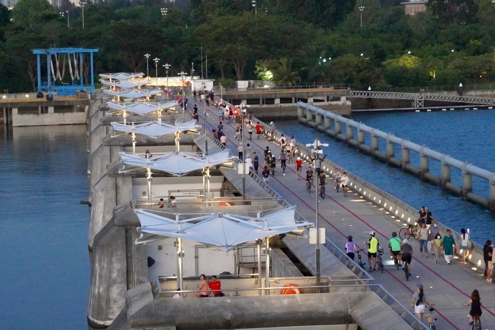 a group of people walking on a bridge over a body of water