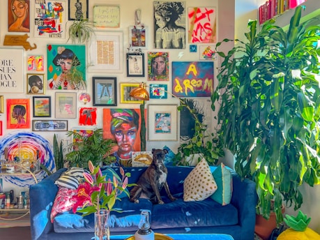 a living room with a blue couch and lots of pictures on the wall