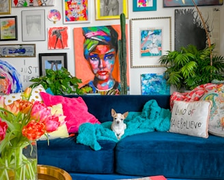 a living room filled with a blue couch and lots of pictures on the wall