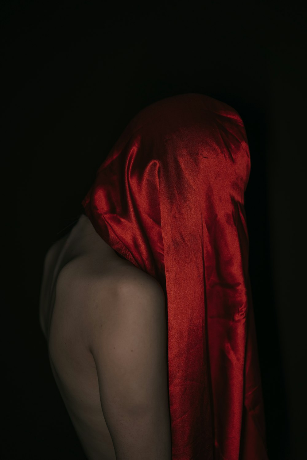 a woman in a red dress with her back to the camera