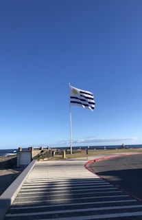 a flag is flying in the wind on a sunny day
